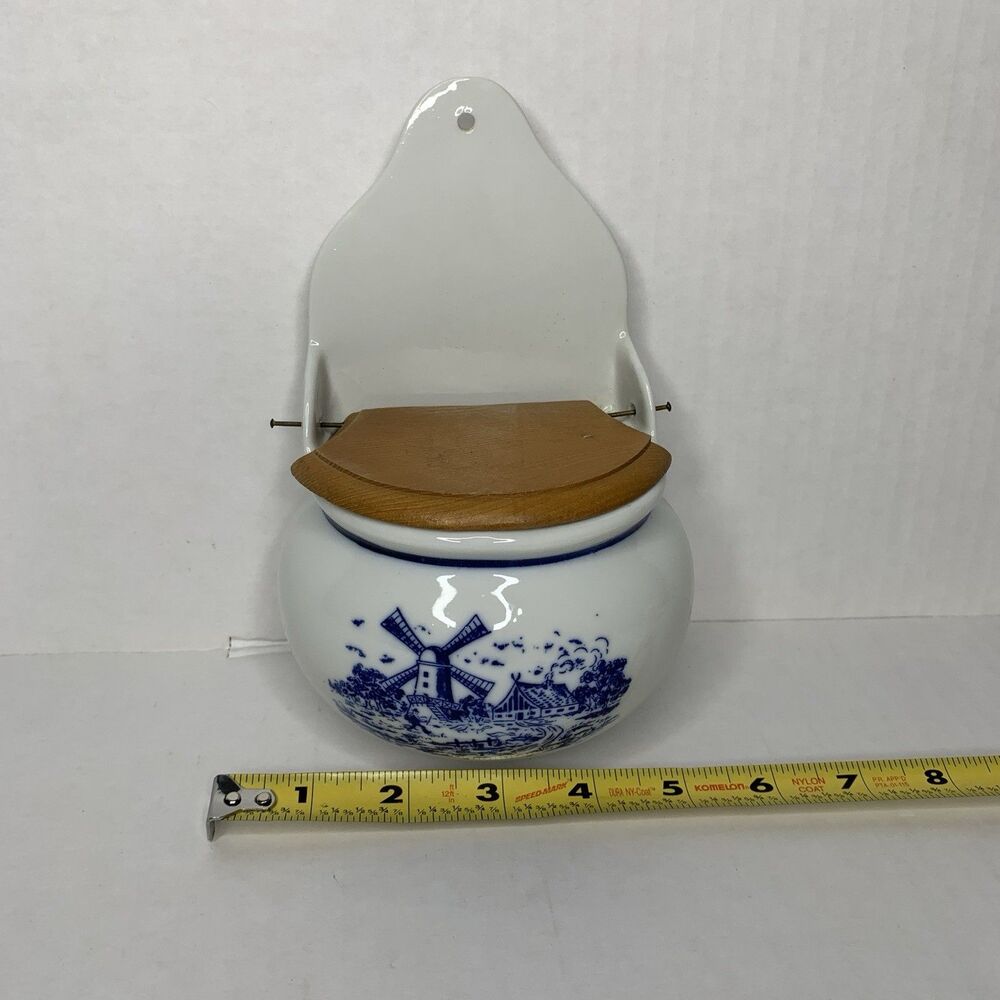 Vintage Teleflora Delft Wall Salt Box Blue and White Windmill with Wooden Lid